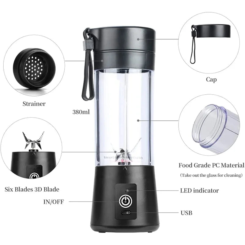 BlendWave™ USB Juicer: Mini Portable Blender for Smoothies & Shakes, 380ml, Six Blades