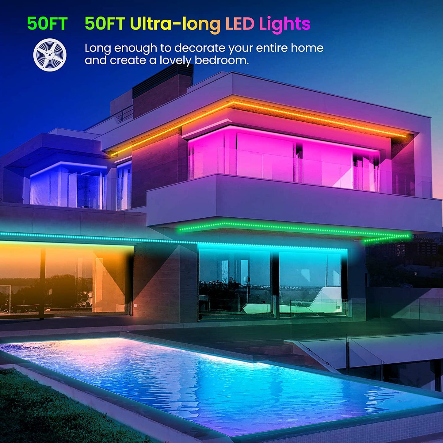 LumiGlow™ 50FT Bluetooth LED Strip Lights with Music Sync & Remote Control