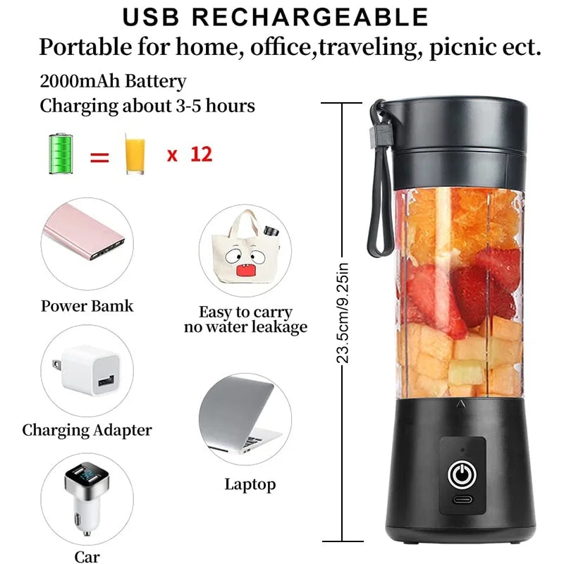 BlendWave™ USB Juicer: Mini Portable Blender for Smoothies & Shakes, 380ml, Six Blades